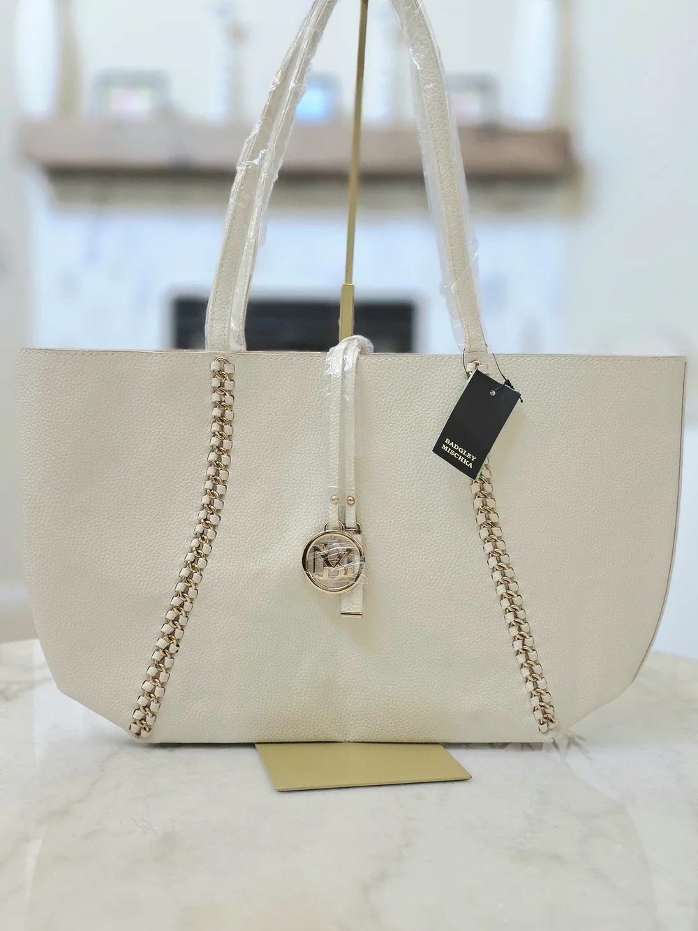 Badgley Mischka Decorative Chain Tote in Off-White